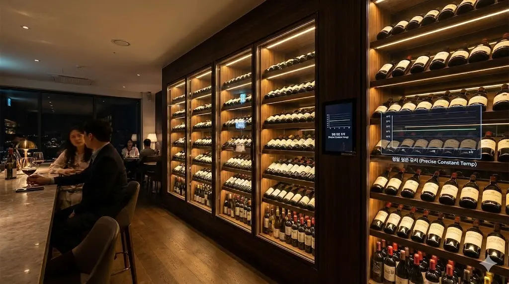 일반 주류 냉장고와 차별화된 정온 유지력과 맞춤 설계로 와인의 가치를 보존하는 한성쇼케이스 프리미엄 와인셀러 설치 전경