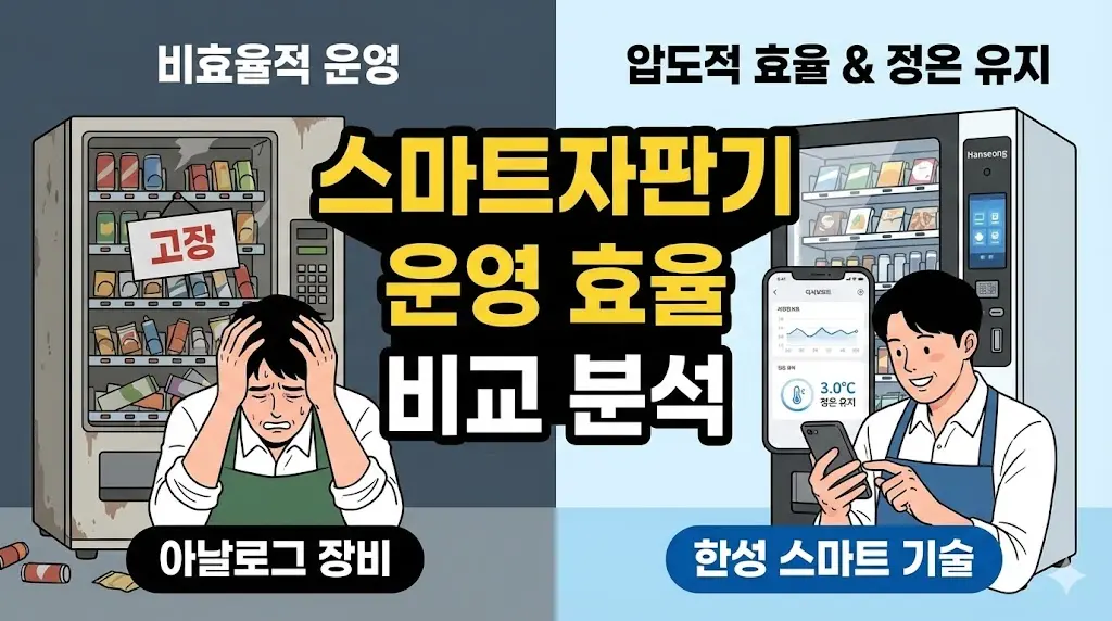 아날로그 자판기의 비효율과 한성 스마트 자판기의 효율성을 비교하는 분할 이미지