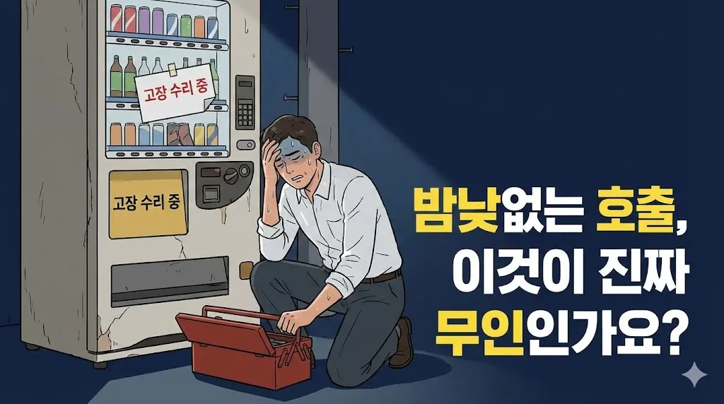 늦은 밤 고장 난 자판기를 수리하며 좌절하는 사장님의 모습