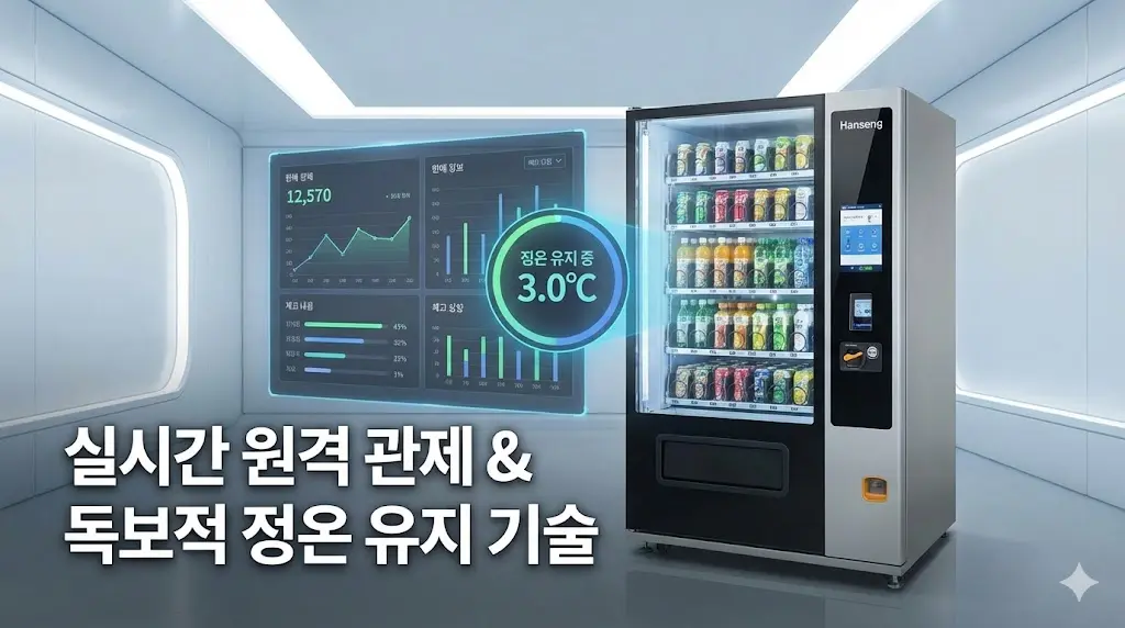 한성 스마트 자판기와 실시간 원격 관제 대시보드를 보여주는 첨단 이미지