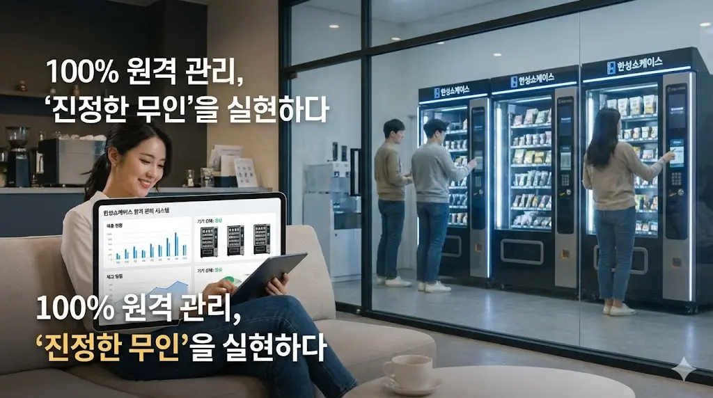 사장님이 매장이 아닌 편안한 장소에서 태블릿으로 매장을 완벽하게 관리하는 모습을 통해 '진정한 무인 운영'의 자유로움을 표현했습니다.