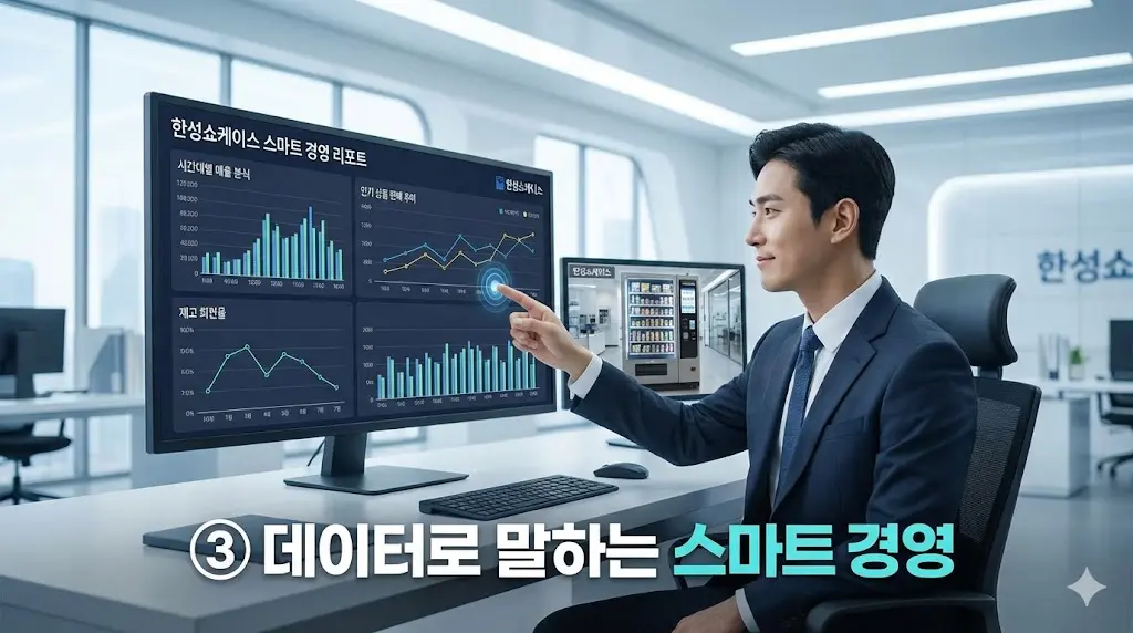 매출 데이터와 통계가 표시된 모니터를 보며 전략적인 의사결정을 내리는 전문가의 모습을 통해 '데이터 기반의 스마트 경영'을 시각화했습니다.