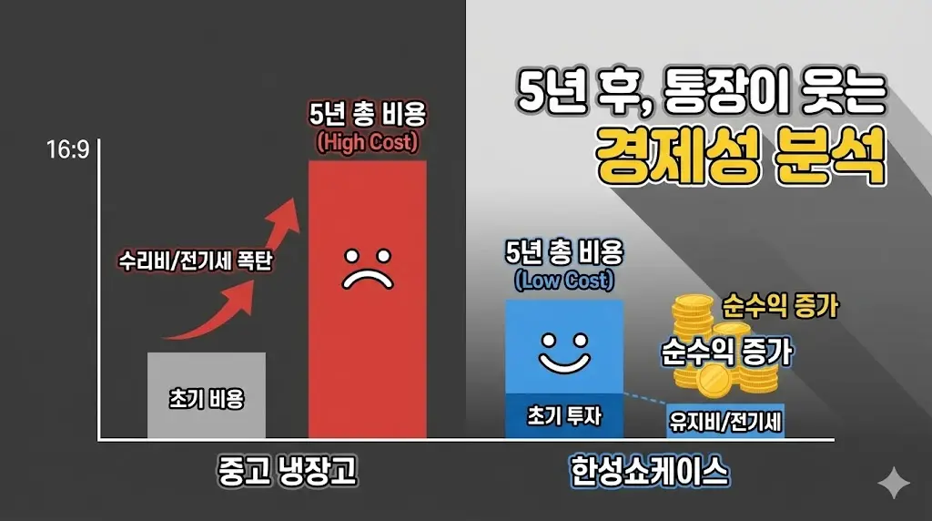 중고 냉장고의 높은 비용 그래프(빨간색)와 한성쇼케이스의 낮은 비용 그래프(파란색)를 대비시키고, 순수익이 증가하는 모습을 시각적으로 표현했습니다.