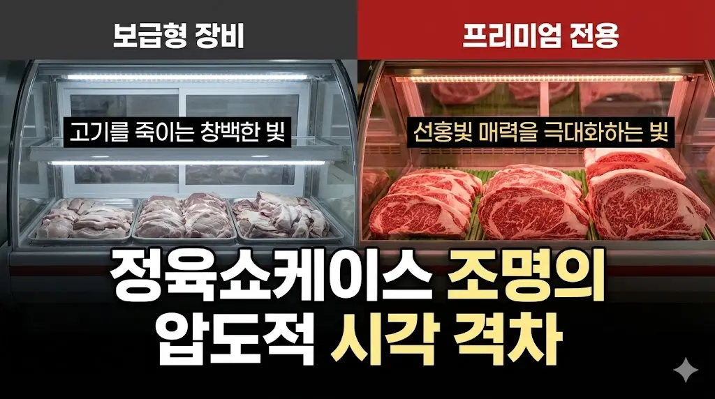 블로그 메인에 걸릴 이미지로, 보급형 조명과 프리미엄 조명 아래의 고기 색감 차이를 극적으로 대비시켜 클릭을 유도합니다.
