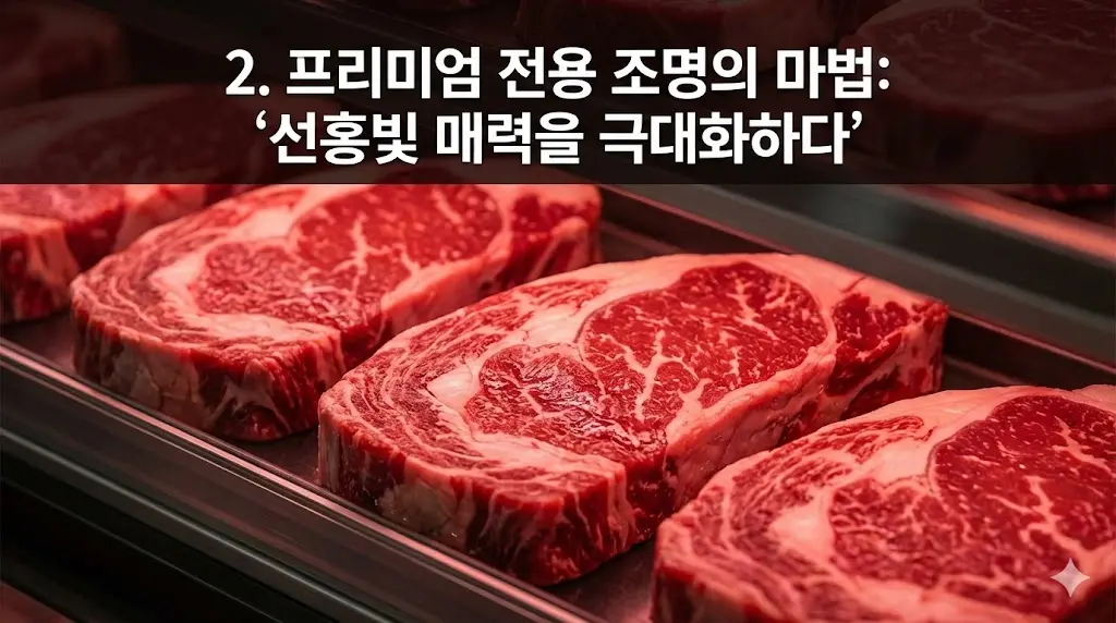 정육 전용 특수 조명 아래에서 눈부신 선홍빛과 선명한 마블링을 뽐내는 최상급 고기의 모습을 클로즈업하여 보여줍니다.