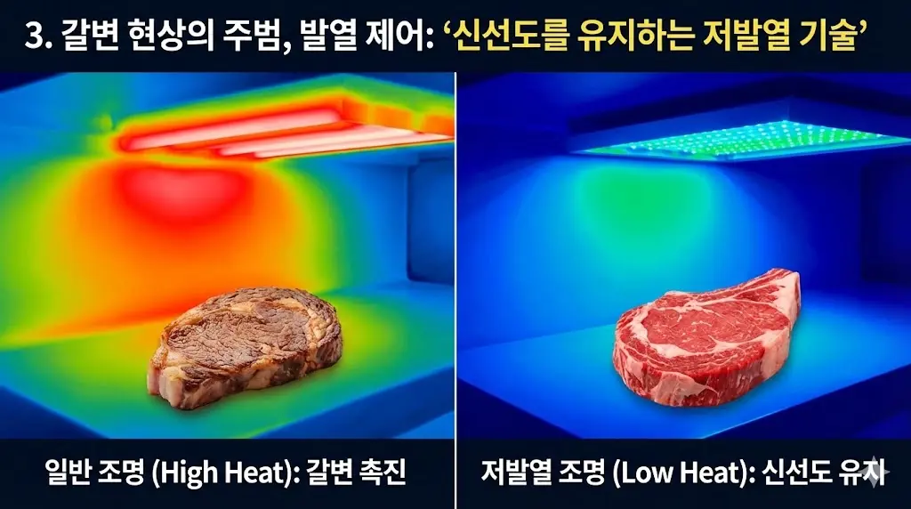 일반 조명과 저발열 조명의 온도 차이를 열 화상 카메라 이미지로 대조하여 보여주며, 갈변 현상 방지 효과를 직관적으로 전달합니다.
