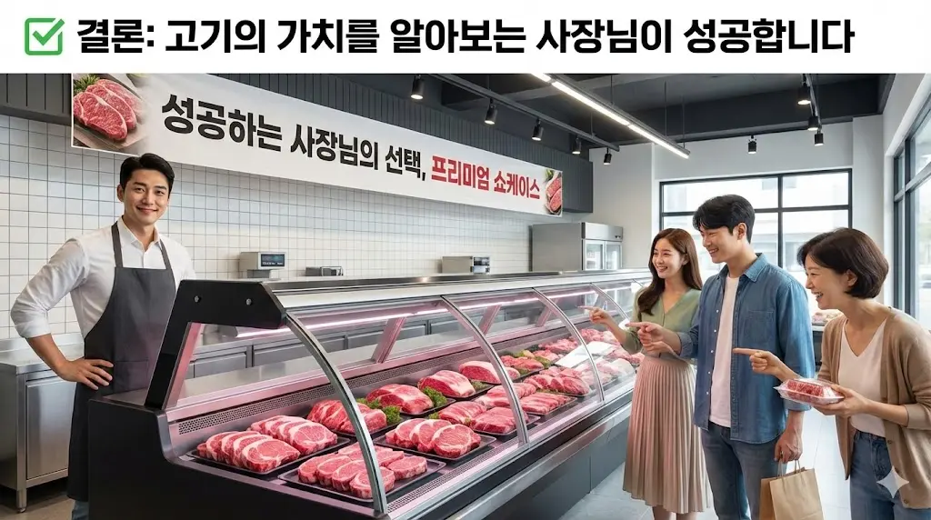 성공적인 매장에서 프리미엄 쇼케이스와 함께 웃고 있는 사장님의 모습을 통해 성공의 메시지를 전달하며 글을 마무리합니다