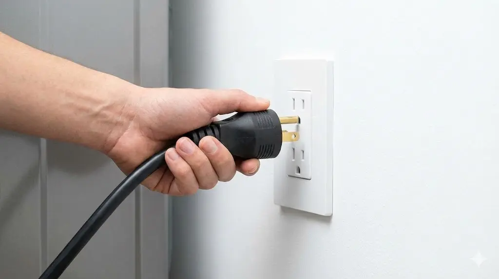 대형 가전의 플러그를 벽면 콘센트에 직접 연결하는 모습을 보여주어 가장 안전한 사용 방법을 시각적으로 전달합니다.