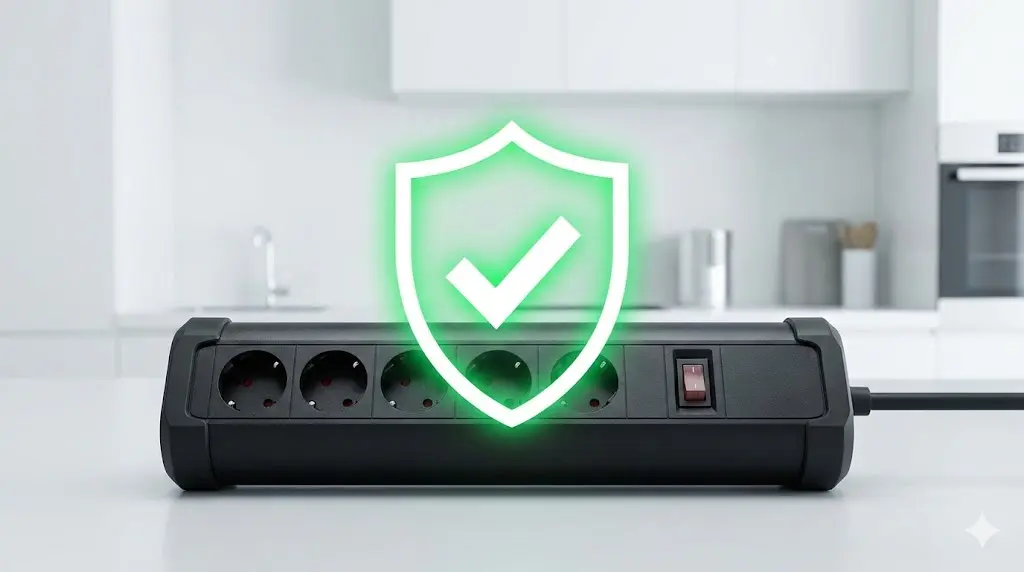 튼튼한 고용량 멀티탭 위에 안전을 상징하는 방패 아이콘을 배치하여, 고용량 멀티탭 사용이 곧 매장의 안전을 위한 보험이라는 메시지를 전달합니다.