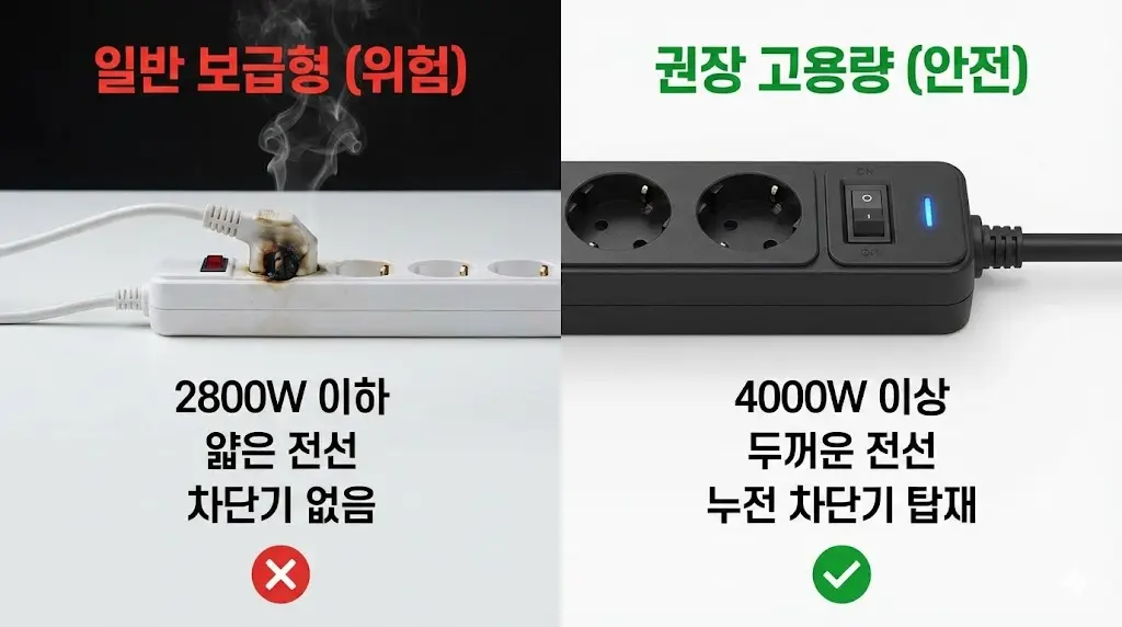 과부하로 녹아내린 일반 보급형 멀티탭(위험)과 안전하게 작동하는 권장 고용량 멀티탭(안전)을 비교하는 인포그래픽 이미지