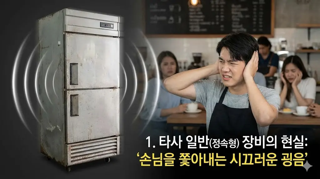 낡은 정속형 냉장고에서 발생하는 심한 소음과 진동으로 인해 괴로워하는 사람의 모습을 통해 소음 공해의 심각성을 강조합니다.