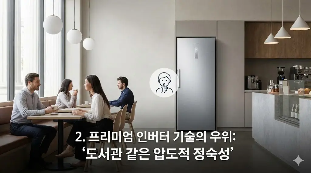 고급스러운 카페에 설치된 인버터 냉장고가 도서관처럼 조용하게 작동하여, 손님들이 편안하게 대화를 나누는 쾌적한 분위기를 시각화했습니다.
