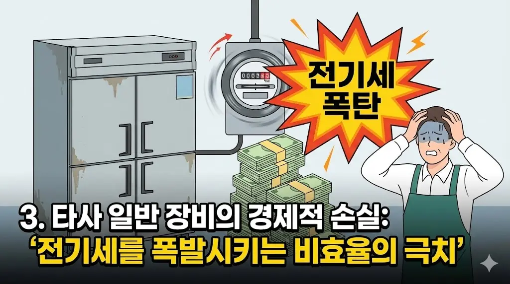 빠르게 돌아가는 전기 계량기와 쌓여가는 전기요금 고지서, 절망하는 사장님의 모습을 통해 정속형 장비의 비효율적인 전력 소모를 인포그래픽으로 표현했습니다.