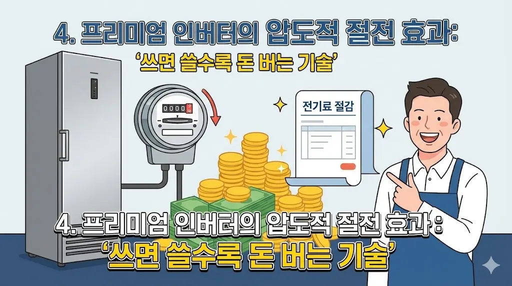 인버터 기술로 인해 천천히 돌아가는 계량기와 절약된 전기료가 돈으로 쌓이는 모습을 통해 압도적인 절전 효과와 경제적 이득을 긍정적으로 표현했습니다.