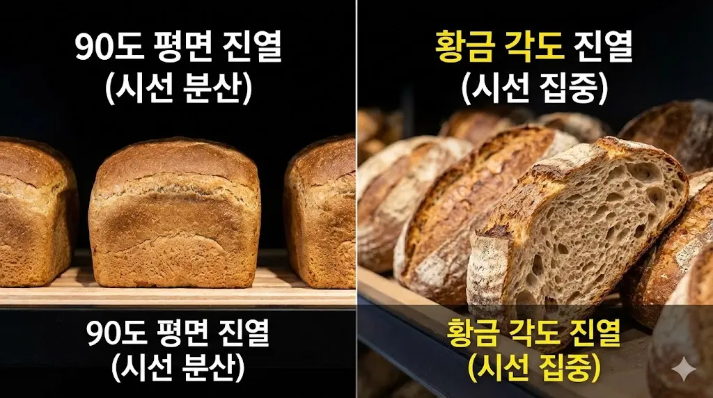 90도 평면 진열과 황금 각도 진열의 빵 단면 노출 비교