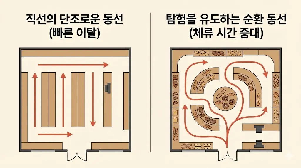 직선형 동선과 순환형 동선의 매장 평면도 및 고객 흐름 비교