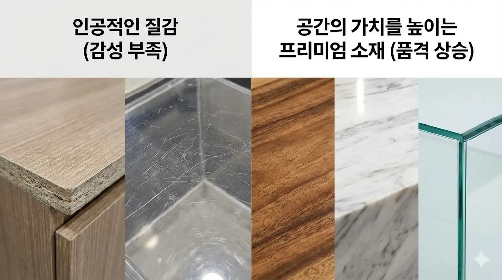 저가형 인공 소재와 고급 천연 소재의 질감 비교 클로즈업