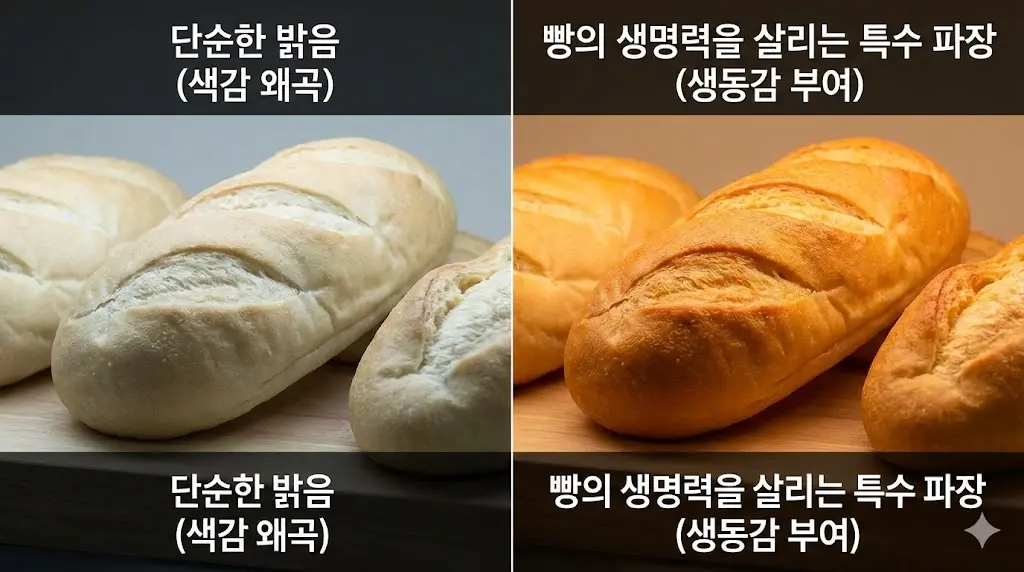 일반 조명과 특수 파장 조명 아래 빵의 색감 비교