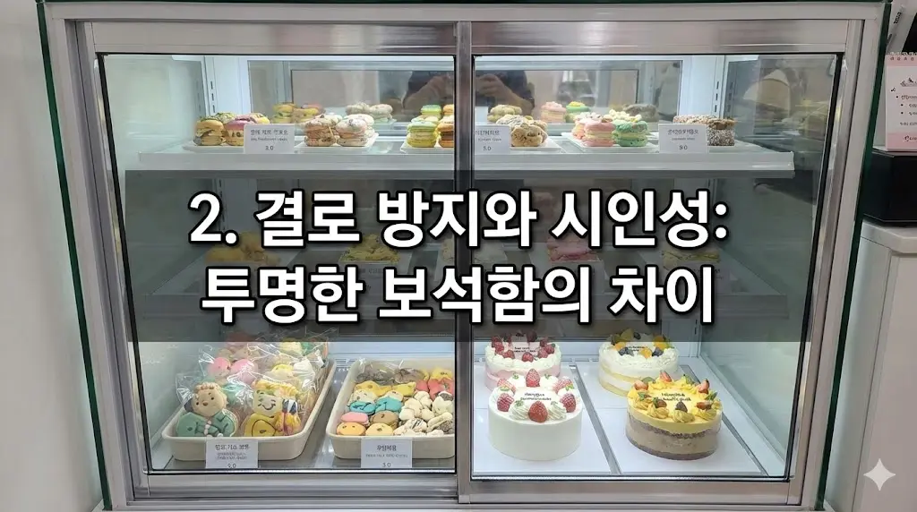 결로 없이 투명한 유리 너머로 수제간식이 선명하게 보이는 모습을 통해 뛰어난 시인성을 시각적으로 전달합니다.