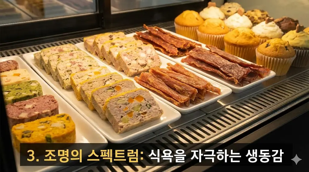 전용 특수 조명 아래에서 색감이 살아난 수제간식의 먹음직스러운 모습을 클로즈업하여 조명의 중요성을 부각합니다.