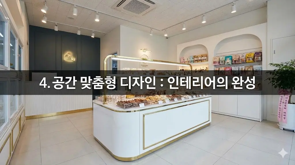 매장 인테리어와 완벽하게 조화된 맞춤형 한성쇼케이스의 전체적인 모습을 보여주며 공간 활용과 디자인의 우수성을 보여줍니다.