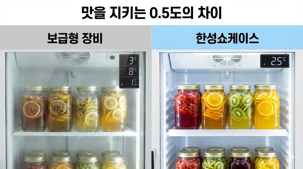 블로그 메인에 걸릴 이미지로, 결로와 온도 편차가 심한 보급형 장비와 안정적인 온도로 수제청을 완벽하게 보관하는 한성쇼케이스를 극적으로 대비시켜 클릭을 유도합니다.
