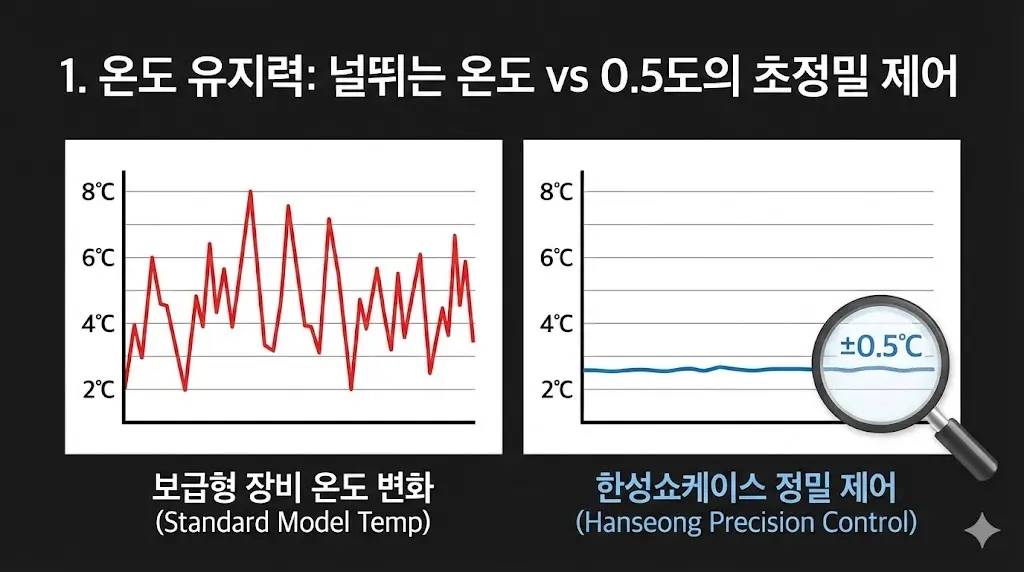 그래프를 통해 보급형 장비의 불안정한 온도 변화와 한성쇼케이스의 0.5도 초정밀 온도 제어 성능을 직관적으로 비교합니다.