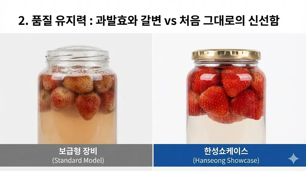 온도 변화로 인해 과발효되고 갈변한 수제청과 한성쇼케이스에서 신선하게 보관된 수제청의 품질 차이를 시각적으로 보여줍니다.