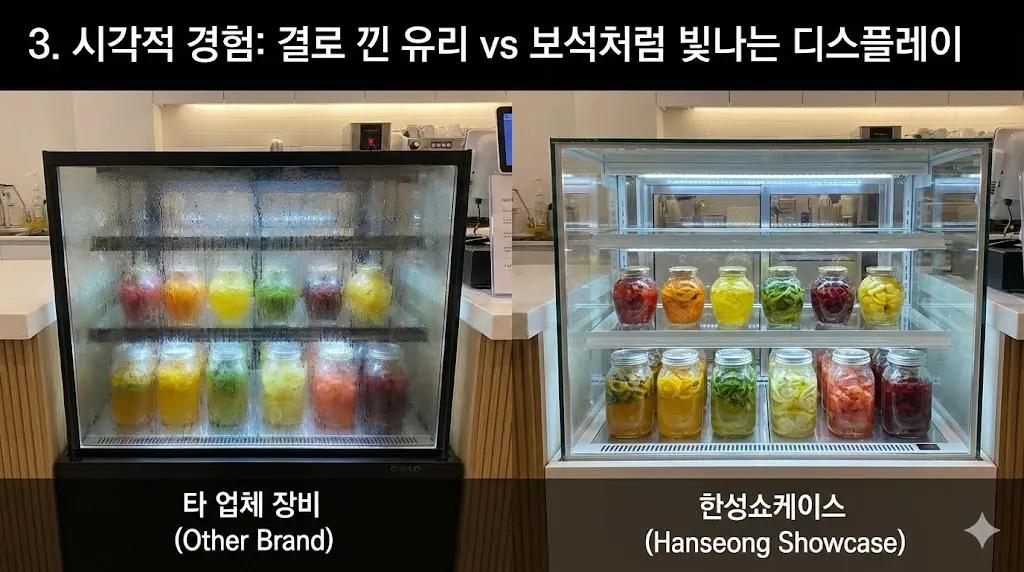 결로로 인해 내부가 잘 보이지 않는 타 업체 장비와 결로 없이 투명하게 수제청을 보여주는 한성쇼케이스의 디스플레이 효과를 비교합니다.