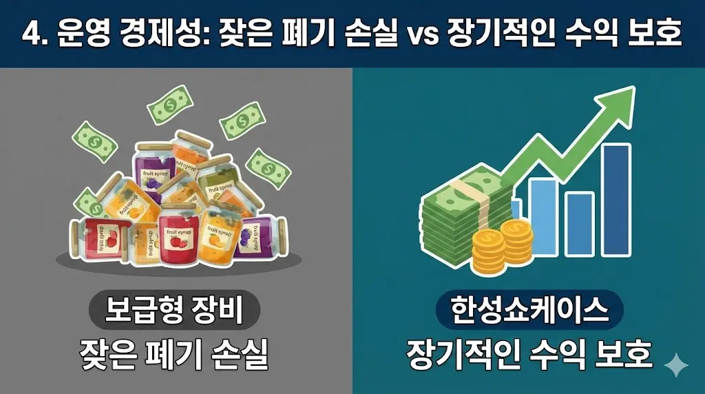 잦은 제품 폐기로 인한 손실과 한성쇼케이스를 통한 안정적인 수익 창출을 인포그래픽으로 비교하여 경제적 이점을 강조합니다.