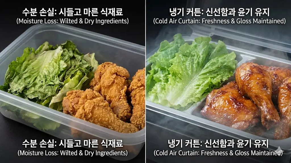 식재료(채소, 튀김)의 상태를 클로즈업하여, 수분이 날아가 시든 모습과 냉기 커튼 속에서 촉촉함을 유지하는 모습을 비교합니다.