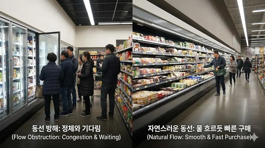 매장 내 고객들의 움직임을 통해 도어형 진열대로 인한 동선 방해와 오픈형 쇼케이스의 자연스러운 동선을 비교합니다.