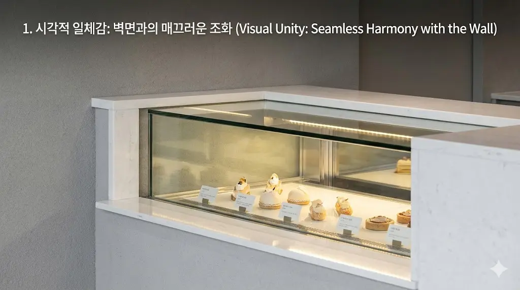 벽면과 완벽하게 일체화된 매립형 쇼케이스의 깔끔하고 고급스러운 마감을 클로즈업하여 시각적 완성도를 강조합니다.