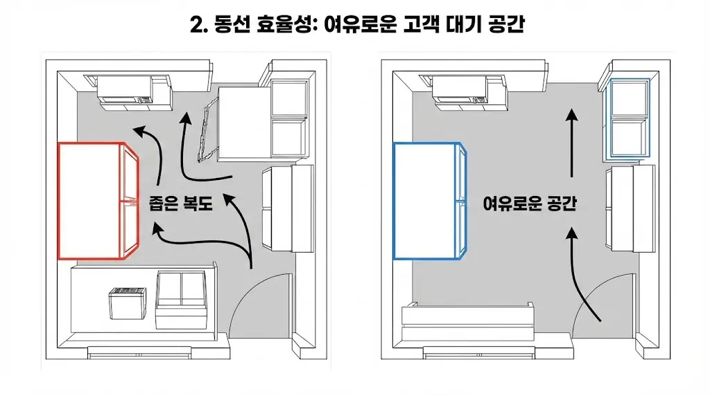 평면도를 통해 돌출형 냉장고가 만드는 좁은 동선과 매립형 쇼케이스가 확보하는 넓고 효율적인 동선을 직관적으로 비교합니다.