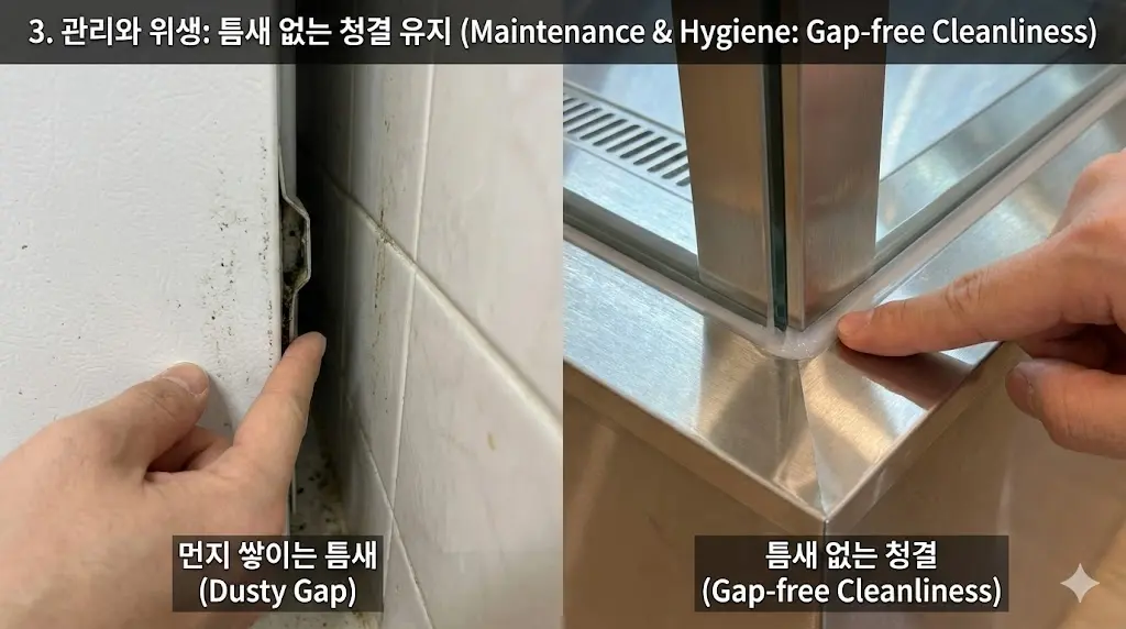 일반 냉장고 뒤의 먼지 틈새와 매립형 쇼케이스의 깔끔하게 마감된 틈새 없는 구조를 클로즈업하여 위생 관리의 차이를 보여줍니다.