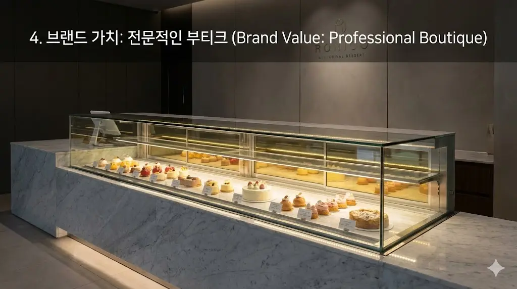 고급스러운 인테리어와 완벽하게 어우러진 매립형 쇼케이스의 모습을 통해 매장의 품격과 전문적인 이미지를 전달합니다.