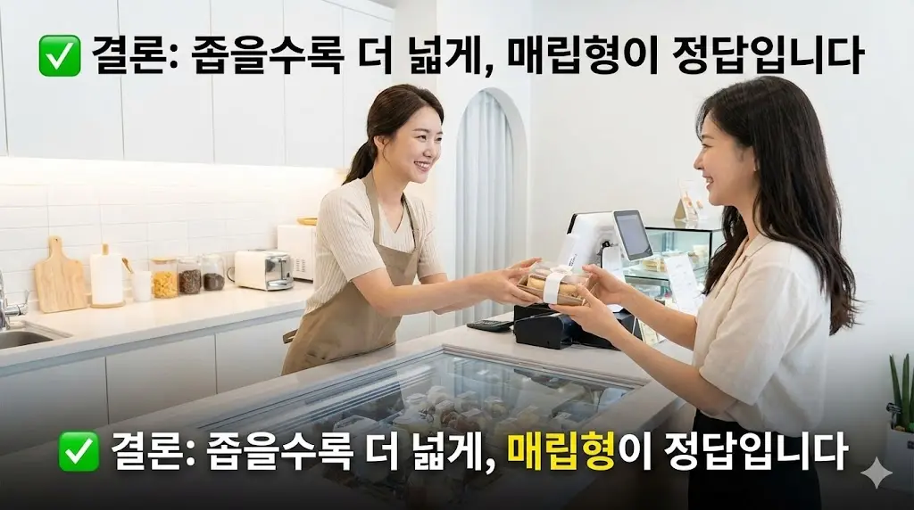 매립형 쇼케이스가 설치된 깔끔하고 효율적인 매장에서 행복하게 제품을 구매하는 고객과 사장님의 모습을 통해 성공적인 창업의 이미지를 전달하며 글을 마무리합니다.