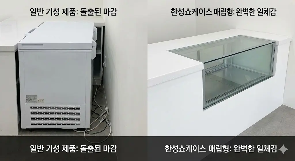 돌출된 일반 냉장고와 매립형 한성쇼케이스 마감 비교