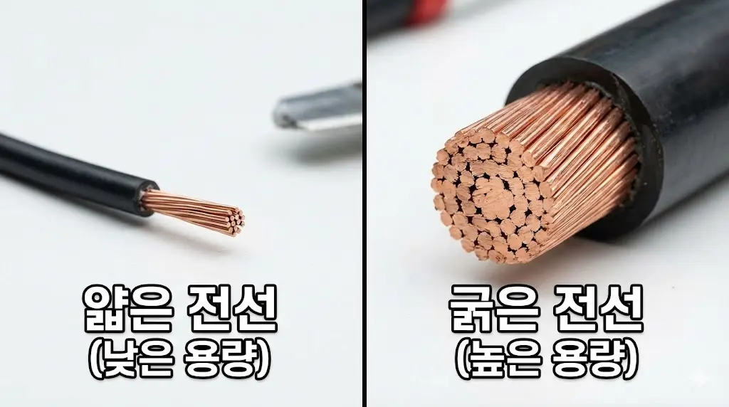 일반 전선과 고용량 전선의 굵기 단면 비교를 통한 전력 용량 차이