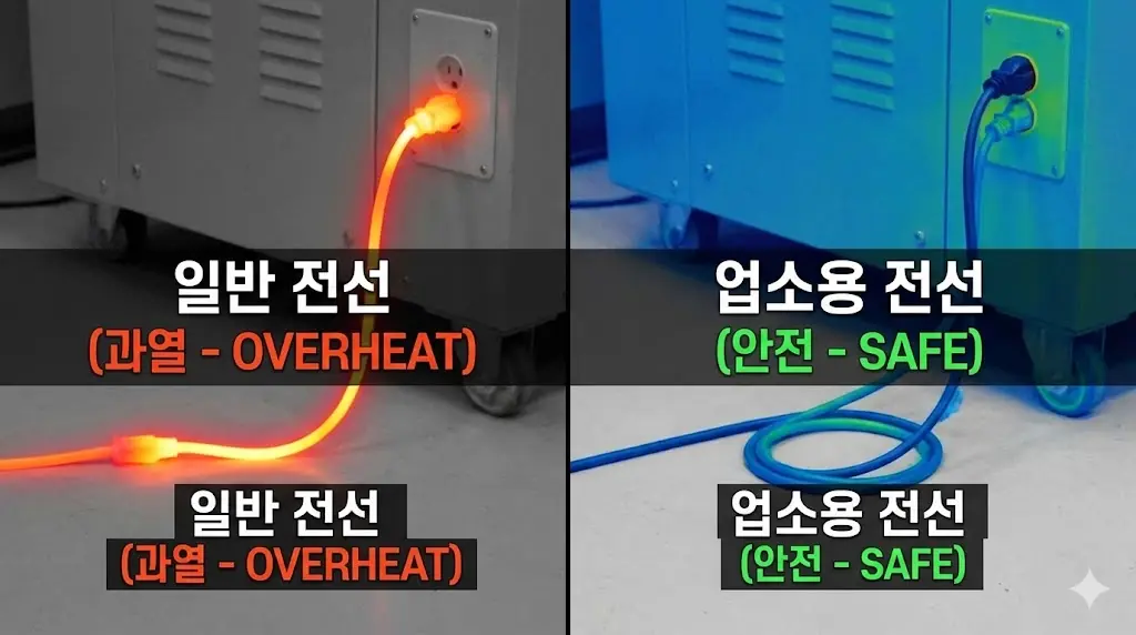 열화상 카메라로 본 일반 전선의 과열과 업소용 전선의 안전한 온도 비교