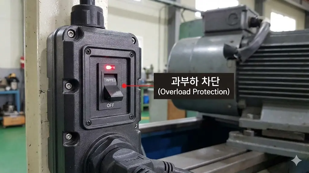 업소용 멀티탭의 과부하 차단기가 작동하여 장비를 보호하는 모습