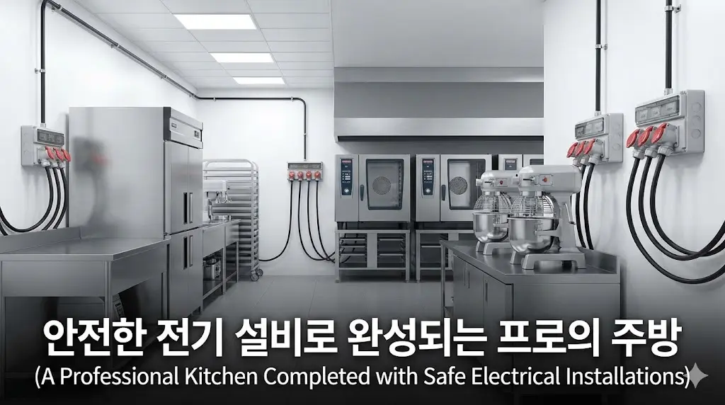 안전한 전기 설비가 완비된 전문적이고 깔끔한 상업용 주방의 모습