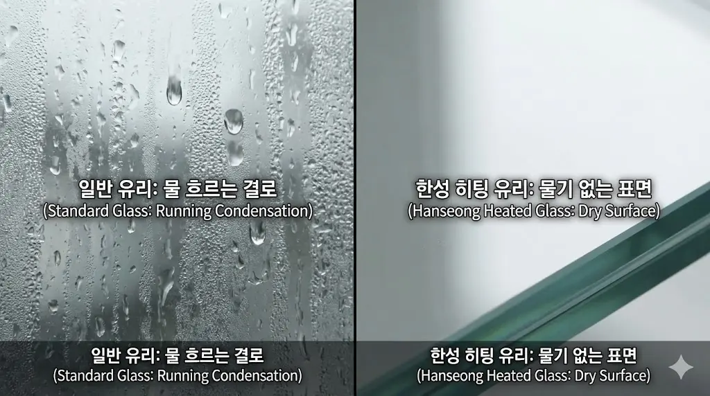 이전의 전체적인 비교와 달리, 유리 표면 자체의 질감을 극단적으로 클로즈업하여 결로의 심각성과 히팅 글라스의 완벽함을 직관적으로 보여주는 대표 이미지입니다.