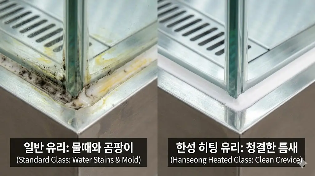 전체적인 모습 대신 쇼케이스의 관리 포인트인 하단 틈새를 클로즈업하여, 결로로 인한 위생 문제를 적나라하게 보여주는 차별화된 이미지입니다.