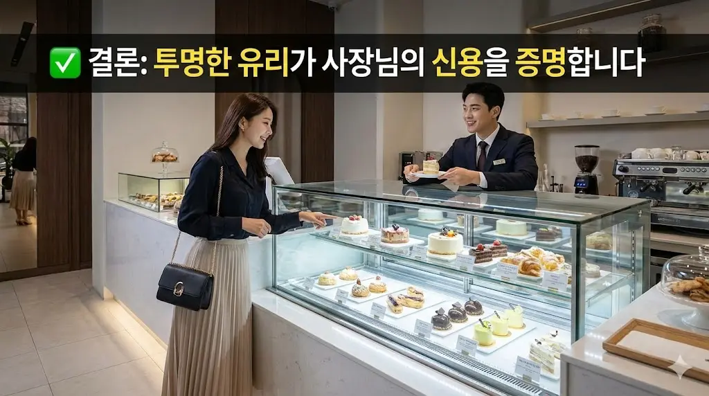 깨끗한 쇼케이스가 매장의 전체적인 품격을 높여주는 고급스러운 분위기를 연출하여, 결로 해결이 단순한 기능을 넘어 매장의 가치와 신뢰로 이어진다는 결론을 시각적으로 표현했습니다.