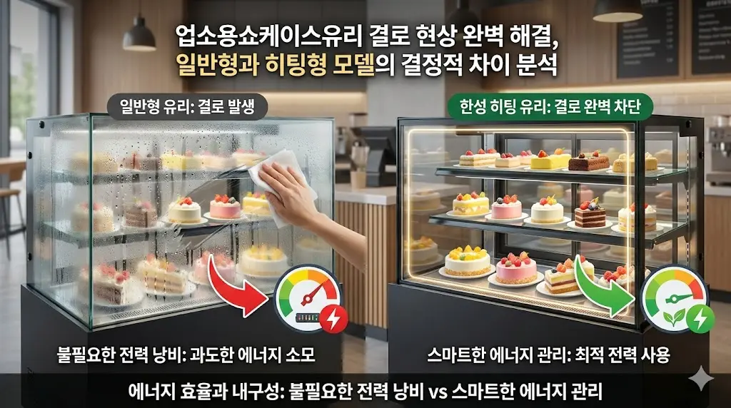 일반 쇼케이스 전력 낭비와 스마트 에너지 관리 비교입니다.