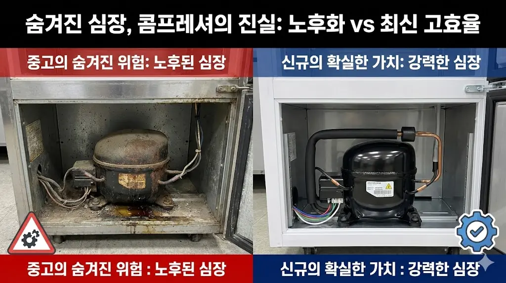 냉장고의 핵심 부품인 콤프레셔 상태를 적나라하게 비교하여, 겉모습만으로는 알 수 없는 중고 제품의 치명적인 위험성을 강조하는 새로운 대표 이미지입니다.