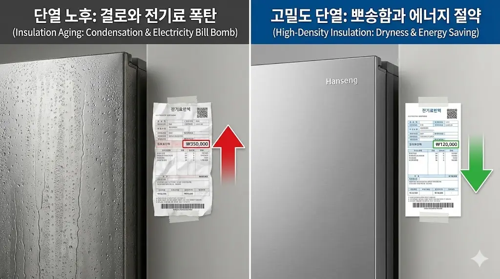 외부 결로 현상과 전기 요금 고지서를 대비시켜 단열 성능 차이로 인한 경제적 손실을 시각화했습니다.