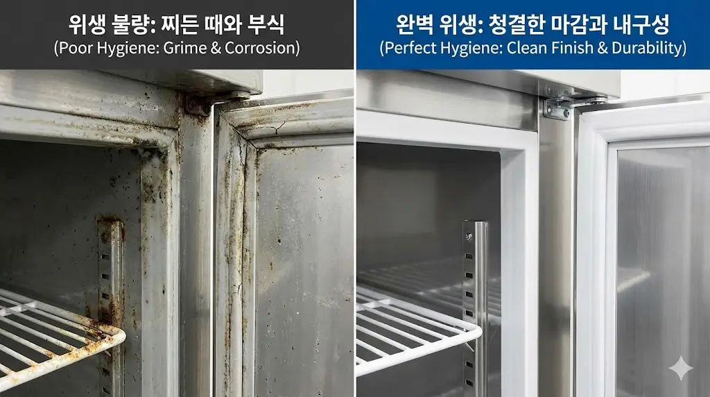 냉장고 내부의 구석진 곳을 클로즈업하여 중고 제품의 심각한 위생 문제와 신규 제품의 완벽한 청결함을 비교합니다.