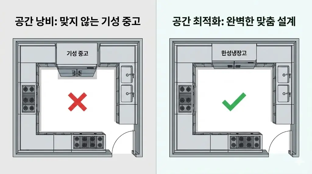 주방 평면도 인포그래픽을 통해 기성 중고 제품의 공간 비효율과 맞춤 제작의 공간 최적화를 알기 쉽게 표현했습니다.
